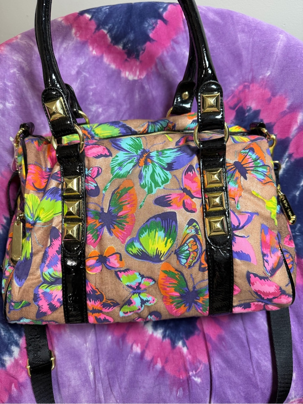 Vintage Betsey Johnson Multicolor Butterfly Satchel with Black Trim perfect cond